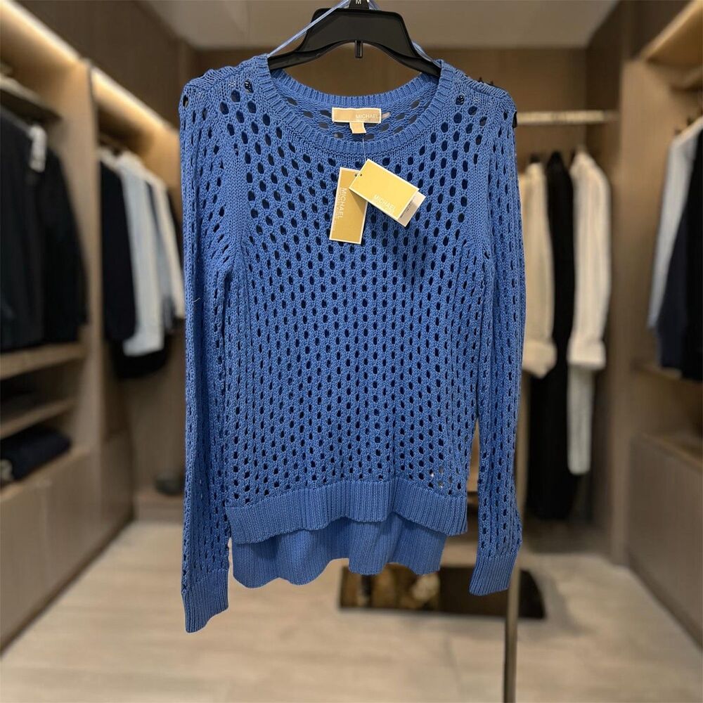MICHAEL Michael Kors Designer Pullover Open Knit Sweater In Crew Blue NWT